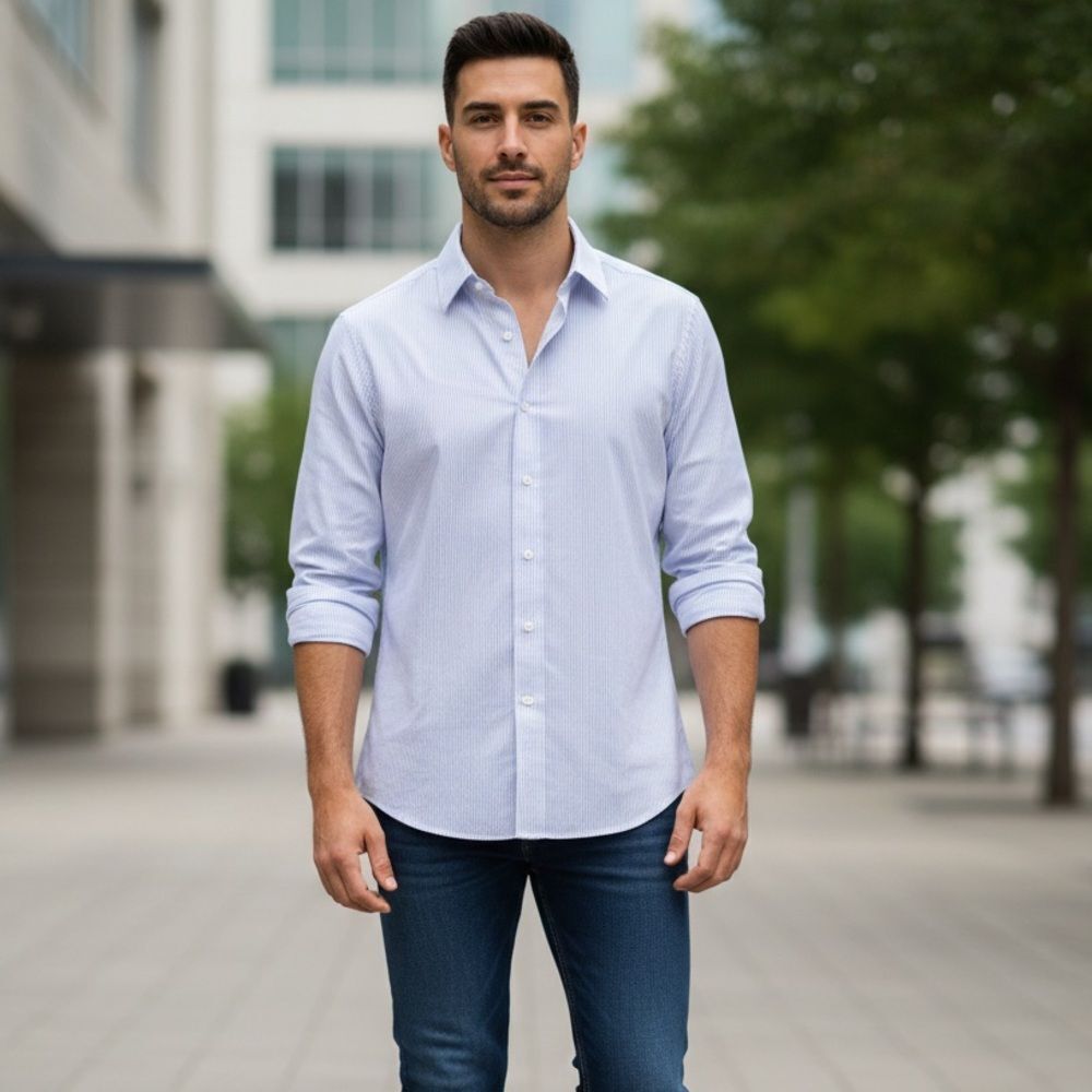 Take 50% OFF- Gold Label Classic Blue Striped Men's Shirt, Size-15